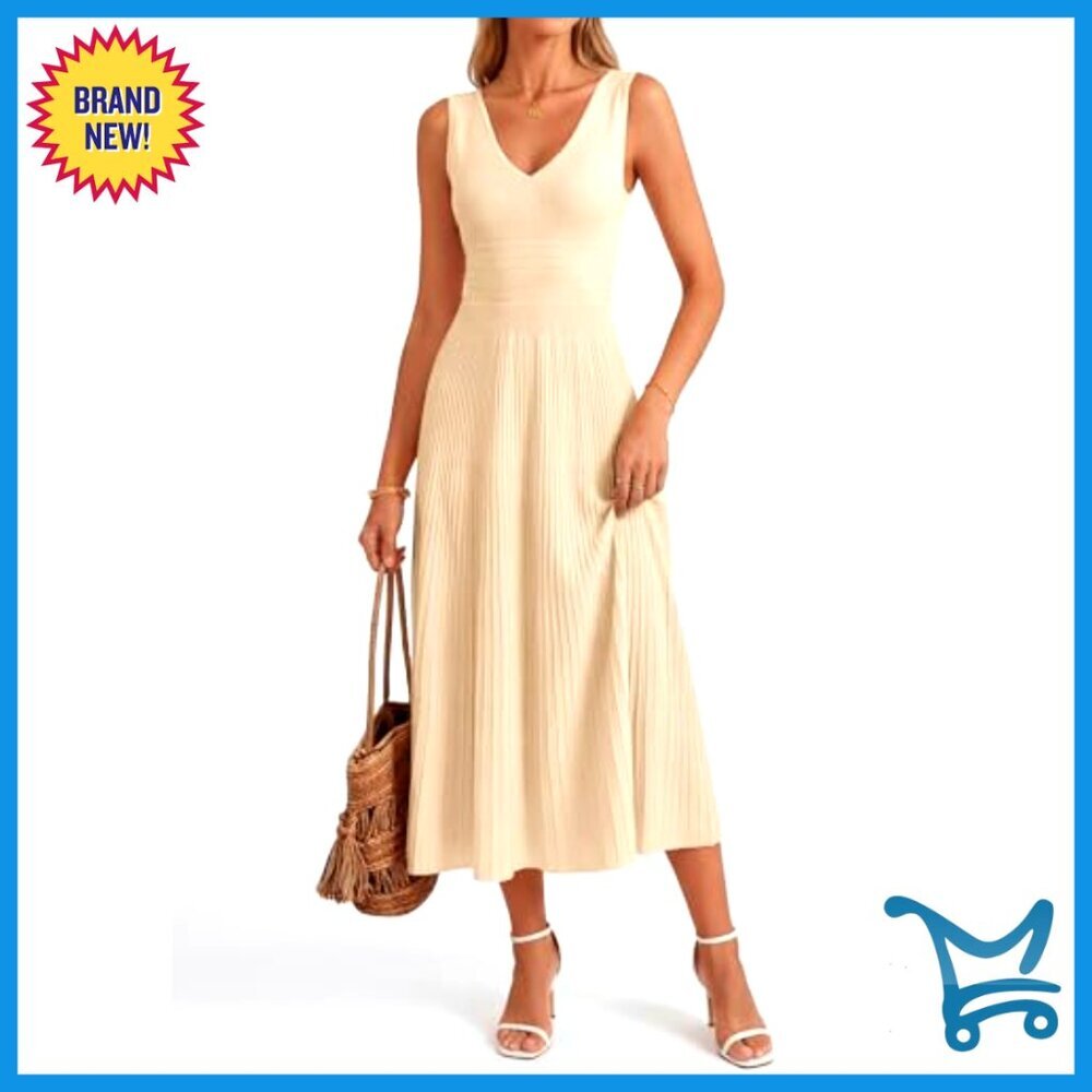 Sleeveless V-Neck Midi Dress, A-Line Knit, Cocktail Wedding Guest - Picture 4 of 7